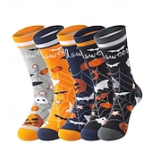 abordables calcetines caseros-Calcetines de algodón de Halloween, calcetines casuales de media pantorrilla que absorben la humedad con diseño de calabaza, medias de estilo urbano unisex de gran tamaño y de moda.