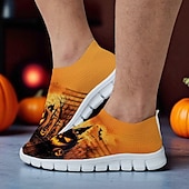 tanie Buty dla mężczyzn-Męskie pomarańczowe, wsuwane trampki Flyknit z nadrukiem dyni w stylu nawiedzonego domu – codzienne buty na festiwal Halloween, idealne na nocne imprezy, cosplay i wydarzenia na świeżym powietrzu