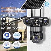 お買い得  屋内IPネットワークカメラ-ソーラーカメラ 屋外 ワイヤレス Wi-Fi 3レンズ ソーラーセキュリティカメラ 360度パノラマ &amp;チルト、死角なし、スマートAI、人間検知、追跡、カラーナイトビジョン、双方向通話、サイレンアラーム、携帯電話不要