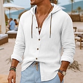 preiswerte Urlaub-Herren Hemd Leinenhemd Strandbekleidung Knopfhemd Kapuzenhemd Einfach Urlaub Lässig Schwarz Weiß Blau Grün Langarm Mit Kapuze Sommer Frühling &amp; Sommer Bekleidung Knöpfe