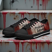 economico Scarpe per Uomini-Sneakers da uomo in tela con grafica sanguinosa: scarpe casual basse a tema horror con stampa &quot;problema risolto&quot; per Halloween, feste e uso quotidiano