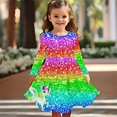 billiga 3D Shining Vision Klänning-Flickor 3D Regnbåge Enhörnings Klänning Långärmad Sommar Vår Semester Dagligen Helgdag Prinsessa Skön Ljuv Barn 4-12 år Vardagsklänning A linjeklänning Knälång Normal