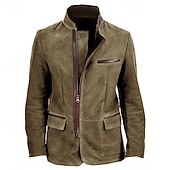 economico Giacche in Suede Sintetico-Per uomo Giacca in finta pelle scamosciata Giacca Casual Vacanza Quotidiano Caldo Tasca Autunno Inverno Semplice Moda Classico Collo alla coreana Regolare Cachi Grigio Giacca