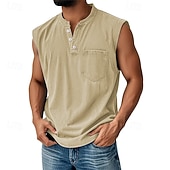 preiswerte Fitness Tank-Tops-Herren Tank Top Weste Top Unterhemd Ärmellos Shirt Baumwolle Ärmellos Henley Sommer Einfarbig Mode Designer Basic Tasche Knöpfe Urlaub Street Ausgehen Schwarz Hellgrün Rosa Top Tee für Männer