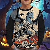 billiga Pojkes Halloween kostymer-Halloween Pojkar 3D Tecknat Dödskalle Dinosaurie T-shirt Långärmad Vår Höst Mode Grundläggande Barn 4-12 år Rund hals Utomhus Ledigt Dagligen Normal