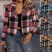 Χαμηλού Κόστους casual μπουφάν-Γυναικεία Casual Jacket Άνετο Αναπνέει Στάμπα Καθημερινό Καρό Διακοπές Δρόμος Causal Καθημερινά Ρούχα Μονόπετο Κοντό Απορρίπτω Κανονικό Μακρυμάνικο Εξωτερικά ενδύματα Ουρανί Φούξια Χακί