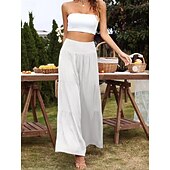 baratos Calça de linho de algodão simples-Mulheres Calças de linho de algodão Perna larga chinês Básico Casual Comprimento total Cintura Alta Tecido Cintura elástica Confortável Macio Com Stretch Ao ar livre Rua Preto Branco Azul Roxo Claro