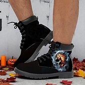 baratos Sapatos para Homens-Botas de combate masculinas com estampa de caveira flamejante – botas de cano curto estilo gótico de Halloween para festas, cosplay e uso ao ar livre