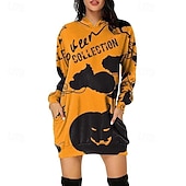 abordables Robe d&amp;#39;Halloween-Femmes Mini Robe Robe à Capuche Robe Décontractée Mode Moderne Halloween Quotidien Week-end Coupe régulière Potiron manche longue À capuche Noir Blanche Jaune Rouge Printemps Automne