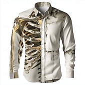 economico Magliette di Halloween-Halloween Per uomo Illusione ottica Scheletro Camicia Camicia con Bottoni Manica Lunga Stile gotico oscuro All&#039;aperto Ferie Primavera Autunno Collo ripiegato Stampa 3D Camicia tipo lino Bianco 1