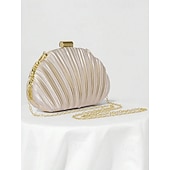 economico Matrimonio ACC-pochette da sera in raso plissettato a conchiglia da donna, color champagne metallizzato con montatura e catena dorate: glamour vintage per matrimoni, cocktail party, balli di fine anno e serate fuori