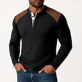 preiswerte Lässiges Henley-T-Shirt-Herren Waffel-Henley-Hemd T-Shirt Langarm Henley Herbst Frühling &amp; Herbst Farbblock Mode Designer Basic Patchwork Urlaub Straße Lässig Schwarz Weiß Burgunderrot Top T-Shirt für Herren
