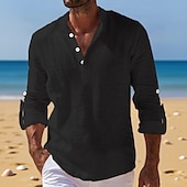 economico Vacanza-Per uomo Camicia di lino Camicia con colletto alla coreana Camicia popover Camicia casual Camicia da Spiaggia Semplice Vacanza Ferie Nero Bianco Rosa Arancione Manica Lunga Henley Estate Primavera