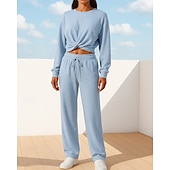 abordables Chándales-Mujer Conjuntos de chándal con jersey Conjuntos deportivos casuales Conjuntos de salón de 2 piezas Perneras anchas Color sólido Trajes de Yoga Primavera Negro Verde Ejército Al Aire Libre Viaje Correr