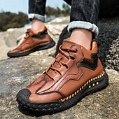 baratos Botas de cano curto-Tênis casual masculino de cano alto em couro sintético marrom com sola de borracha antiderrapante – calçado esportivo confortável com cadarço para caminhadas ao ar livre, viagens e uso diário