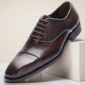 abordables Classic Dress Shoes-Men's Brown Leather Oxford Dress Shoes – Classic Lace-Up Business Formal Shoes for Office, Weddings and Parties