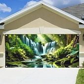 お買い得  ガレージとドアのバナー-ガレージドアカバー 大きな吊り下げ 森林 滝状吐水タイプ 田園風 3D パーティー 屋外 撮影背景 玄関 装飾壁ドア背景