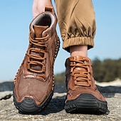 baratos Botas de cano curto-Botas casuais masculinas de couro sintético marrom de cano alto com sola de borracha antiderrapante - calçados duráveis para caminhadas ao ar livre, viagens e uso diário