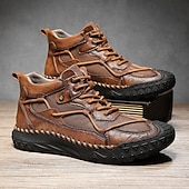 preiswerte Stiefeletten-Braune High-Top-Freizeitsneaker aus Leder für Herren mit Ziernähten und strapazierfähiger Gummisohle – modische Komfortschuhe für Outdoor und Stadt