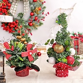 זול דמויות לאספנים-עץ חג המולד מיניאטורי שולחן עבודה עץ חג המולד מלאכותי שולחן עבודה קישוט חג המולד עם מחטי אורן אדומות עיצוב פירות יער לתצוגת סצנת החג חגיגית קישוט מסיבה לבית חגיגי אבזר