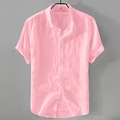 cheap Business Casual-Men&#039;s Shirt Linen Shirt Casual Shirt Cotton Shirt Plain Vacation Street Black White Pink Blue Short Sleeve Turndown Summer Clothing Apparel Button-Down
