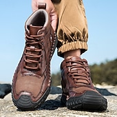 baratos Botas de cano curto-Botas casuais masculinas de couro sintético marrom de cano alto com sola de borracha antiderrapante - calçados duráveis para caminhadas ao ar livre, viagens e uso diário