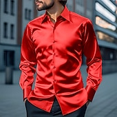 cheap Men's Satin Shirts-Men's Shirt Silk Like Satin Shirt Dress Shirt Casual Shirt Button Up Shirt Plain Streetwear Wedding Yellow Red Navy Blue Gray Long Sleeve Lapel Spring &amp;  Fall All Seasons Clothing Apparel