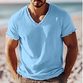 お買い得  コットンリネンTシャツ-男性用 ティートップ リネンTシャツ 半袖 Ｖネック 夏 平織り ファッション デザイナー ベーシック ソフト バケーション ストリート カジュアル／普段着 ピンク ホワイト ライトブルー メンズトップTシャツ