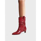 abordables Bottes souples-Bottines souples rouges pour femmes avec tige froncée douce, talon bas, chaussures de style urbain chic pour femmes, parfaites pour les tenues décontractées et urbaines de tous les jours