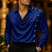 preiswerte Satinhemden für Herren-Herren Hemd Seidenartig Satinhemd Freizeithemd Einfach Formell Hochzeit Schwarz Wein Marineblau Gold Langarm Wasserfallausschnitt Frühling &amp; Herbst Ganzjahres Bekleidung Gerafft