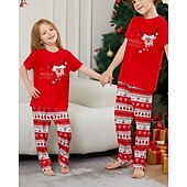 cheap Matching Outfits-Family Pajamas Christmas Pattern Home Print Red Short Sleeve Active Matching Outfits