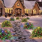 abordables Coronas, Guirnaldas &amp; Adornos-Urna de árbol de Navidad artificial preiluminada, decoración navideña para exteriores con plantas artificiales adornadas con adornos variados y luces LED blancas preinstaladas, decoración navideña con