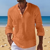 economico Vacanza-Per uomo Camicia di lino Camicia con colletto alla coreana Camicia popover Camicia casual Camicia da Spiaggia Semplice Vacanza Ferie Nero Bianco Rosa Arancione Manica Lunga Henley Estate Primavera