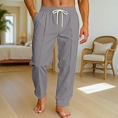 baratos Lar-Homens Calças de linho Calças Calça verão Calças largas Calças de praia Com Cordão Bolsos Cintura elástica Tecido Conforto Respirável Comprimento total Férias Diário Feriado Férias Havaiana Preto