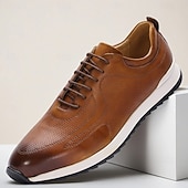 billige Førsteklasses joggesko i skinn-brune herresneakers i skinn – lette sportssko med snøring for hverdagsbruk, reiser og helgetur