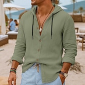 preiswerte Urlaub-Herren Hemd Leinenhemd Strandbekleidung Knopfhemd Kapuzenhemd Einfach Urlaub Lässig Schwarz Weiß Blau Grün Langarm Mit Kapuze Sommer Frühling &amp; Sommer Bekleidung Knöpfe