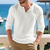 abordables t-shirts de base-Homme T-shirt Chemise Henley Chemise à Manches Longues manche longue Henley Printemps Automne Uni Mode Designer Basique Boutons Vacances Rue Sortir Noir Blanche Kaki T-shirt haut de gamme pour homme