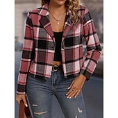 Χαμηλού Κόστους casual μπουφάν-Γυναικεία Casual Jacket Άνετο Αναπνέει Στάμπα Καθημερινό Καρό Διακοπές Δρόμος Causal Καθημερινά Ρούχα Μονόπετο Κοντό Απορρίπτω Κανονικό Μακρυμάνικο Εξωτερικά ενδύματα Ουρανί Φούξια Χακί