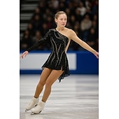 halpa Taitoluistelupuvut-Taitoluistelupuku Naisten Tyttöjen Luistimet Hameet Musta Avoin selkä Epäsymmetrinen helma Silmukka Erittäin elastinen Kouluts Kilpailu Luisteluasu Klassinen Kristalli / Strassi Pitkähihainen