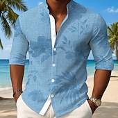 cheap Tropical Plants-Men&#039;s Plants Tropical Leaf Shirt Button Up Shirt Stand Collar Shirt Long Sleeve Hawaiian Outdoor Vacation Daily Spring Fall Mandarin Collar Band Collar 3D Print Linen Like Shirt Light Blue Blue