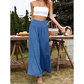 baratos Calça de linho de algodão simples-Mulheres Calças de linho de algodão Perna larga chinês Básico Casual Comprimento total Cintura Alta Tecido Cintura elástica Confortável Macio Com Stretch Ao ar livre Rua Preto Branco Azul Roxo Claro