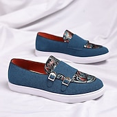 Herre denim loafers med dobbel munk stropp og etnisk trykk – moteriktige, uformelle slip-on-sko for urban stil, fester og vårantrekk billige Uttalelsessko-Herre denim loafers med dobbel munk stropp og etnisk trykk – moteriktige, uformelle slip-on-sko for urban stil, fester og vårantrekk