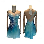 Figure Skating Dress Women's Girls' Ice Skating Dress Blue Patchwork Thumbhole Mesh Spandex High Elasticity Training Competition Skating Wear Classic Crystal / Rhinestone Long Sleeve Ice Skating3