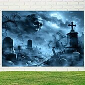 cheap Halloween Wall Tapestries-Skull in the Sky Halloween Tapestry – Spooky Graveyard Wall Hanging with Full Moon &amp; Fog, Gothic Horror Decoration for Haunted Room Aesthetic