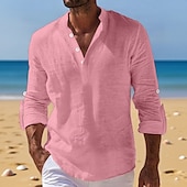 economico Vacanza-Per uomo Camicia di lino Camicia con colletto alla coreana Camicia popover Camicia casual Camicia da Spiaggia Semplice Vacanza Ferie Nero Bianco Rosa Arancione Manica Lunga Henley Estate Primavera