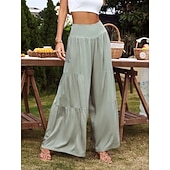 baratos Calça de linho de algodão simples-Mulheres Calças de linho de algodão Perna larga chinês Básico Casual Comprimento total Cintura Alta Tecido Cintura elástica Confortável Macio Com Stretch Ao ar livre Rua Preto Branco Azul Roxo Claro
