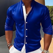 preiswerte Satinhemden für Herren-Herren Hemd Satinhemd Kleidhemd Freizeithemd Knopfhemd Abschlussballhemd Einfach Formell Hochzeit Schwarz Rote Königliches Blau Gold Langarm Stehkragen Ganzjahres Bekleidung Farbblock