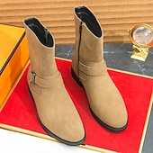 cheap Ankle Boots-Men&#039;s Khaki Faux Suede Mid-Calf Boots with Side Buckle Straps, Retro Cowboy Style Boots for Casual Outfits and Party Occasions