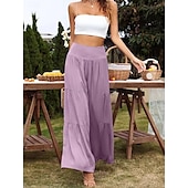 baratos Calça de linho de algodão simples-Mulheres Calças de linho de algodão Perna larga chinês Básico Casual Comprimento total Cintura Alta Tecido Cintura elástica Confortável Macio Com Stretch Ao ar livre Rua Preto Branco Azul Roxo Claro