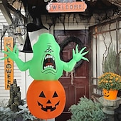 baratos Halloween ao Ar Livre-1 peça 1,5m/4,92 pés abóbora fantasma de cabeça verde sorridente de Halloween com lâmpada inflável modelo de ar para áreas internas e externas pátio jardim gramado caminho atmosfera lâmpada decorativa